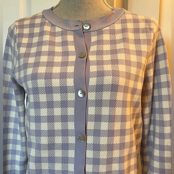Mango Lilac White Gingham Plaid Cardigan Size L Fits Like S/M Retail $69 - Picture 7 of 11